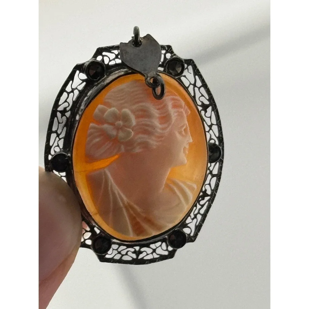Vintage‎ Art Deco Sterling Silver Filigree Marcasite Carved Shell Cameo Pendant